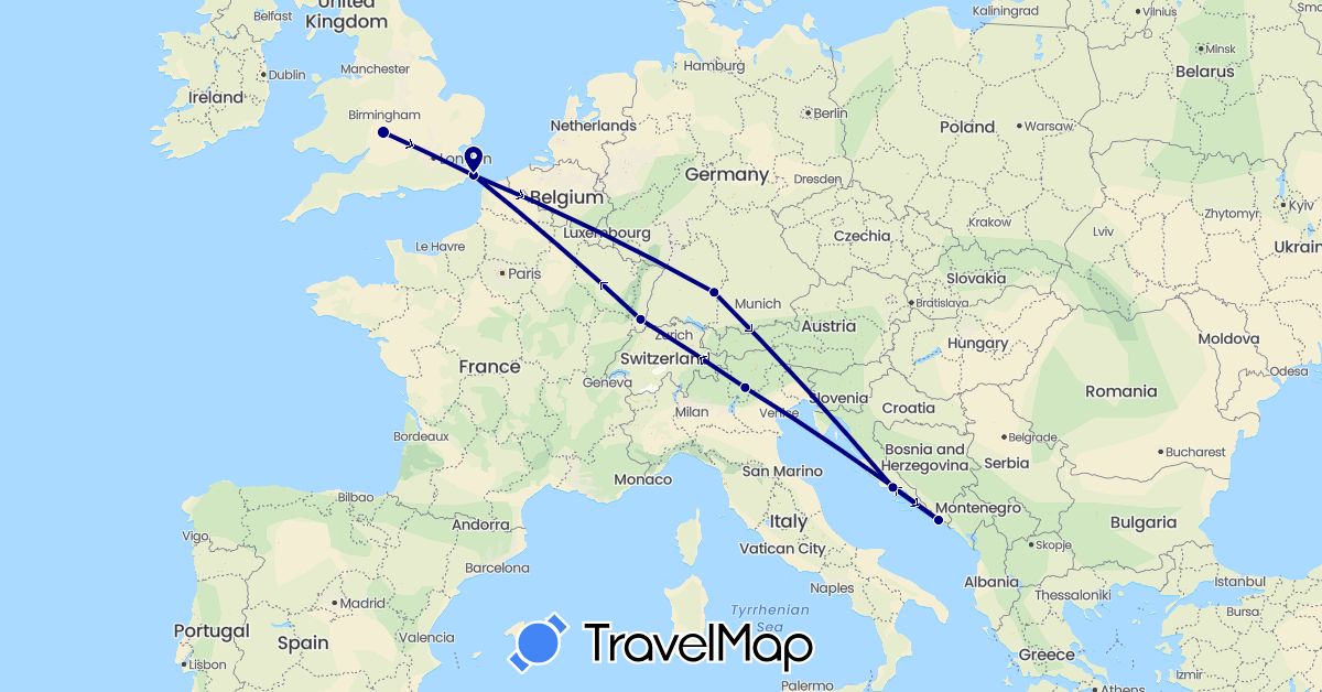 TravelMap itinerary: driving in Germany, France, United Kingdom, Croatia, Italy (Europe)